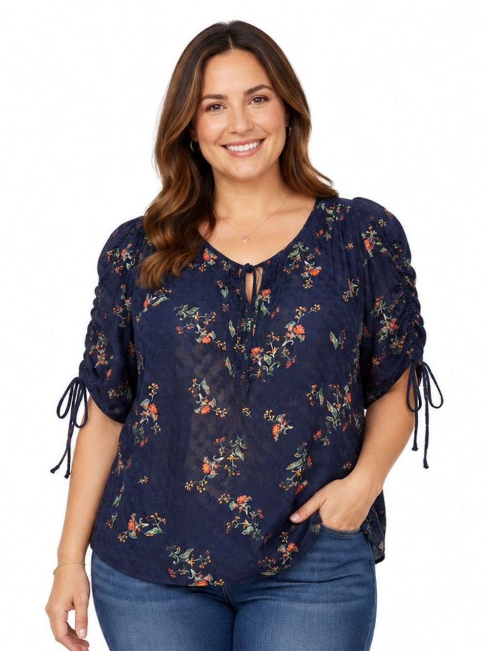 Lucky Brand Navy Floral Tie-Front Peasant Tunic